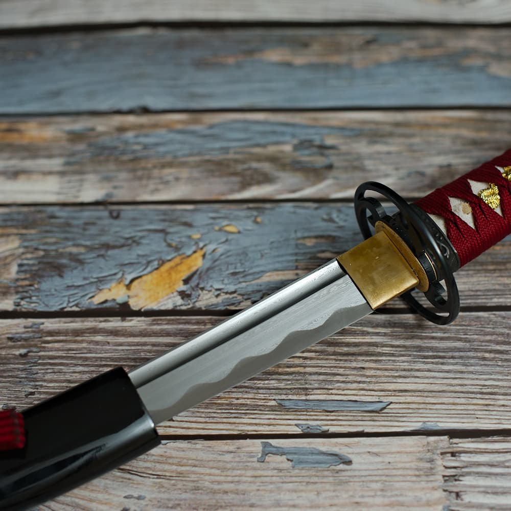 Wakizashi afilado Damasco forja "Ketsueki" (血液, sangre), trenzas rojas #Terressens