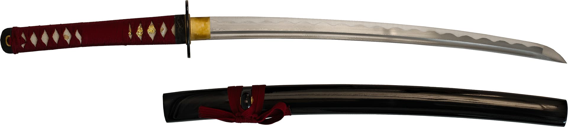 Wakizashi afilado Damasco forja "Ketsueki" (血液, sangre), trenzas rojas #Terressens