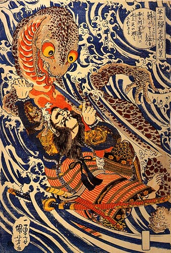 Grabado japonés de Utagawa Kuniyoshi que muestra al samurái Hanagami Danjo no jo Arakage luchando contra kappa, una salamandra gigante ? #Terressens
