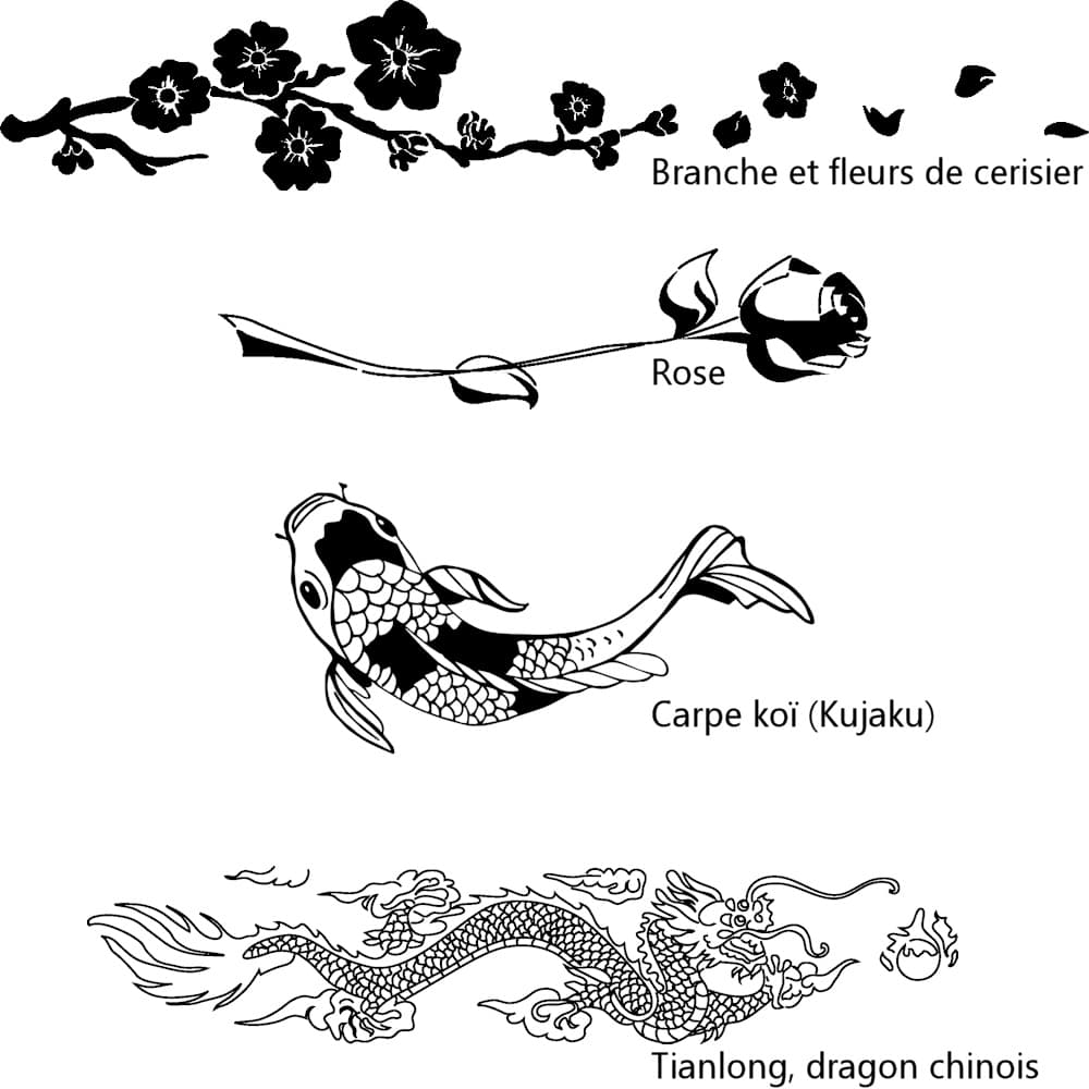 Ejemplos de gráficos para grabar en una hoja de katana: rama de cerezo, rosa, carpa koi y Tianlong (dragón chino) #Terressens