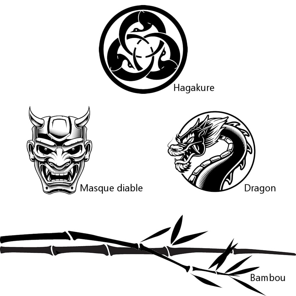 Ejemplos de gráficos para grabar en una hoja de katana: Hagakure, máscara del diablo, dragón y bambú #Terressens Ejemplos de gráficos para grabar en una hoja de katana: Hagakure, máscara del diablo, dragón y bambú #Terressens
