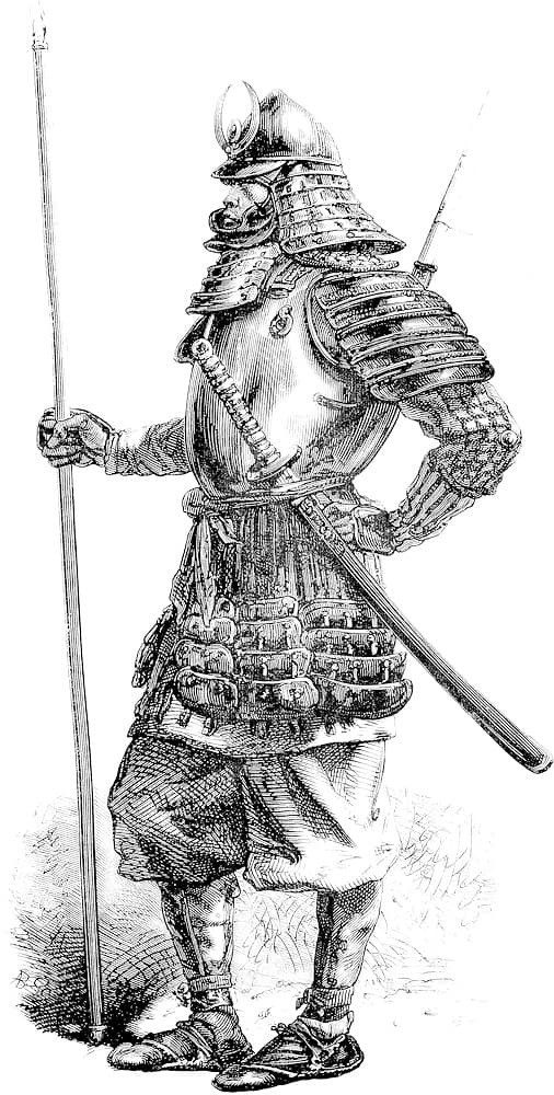 Grabado de un samurái portando una katana y una Yari (槍 lanza japonesa).
