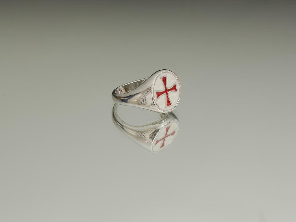 Épée templière de décoration avec support mural en bois reconstitué sérigraphié Bague croix templière rouge cerclée #Terressens